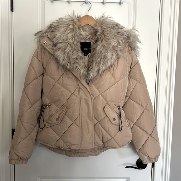 NEW River Island Quilted Hooded Puffy Coat w/Removable Faux Fur